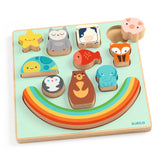 Rainbow Puzzle & Balancing Game by Djeco, unboxed, pieces in board