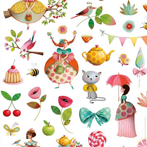 Princess Tea Party Stickers by Djeco, detail of sticker sheet